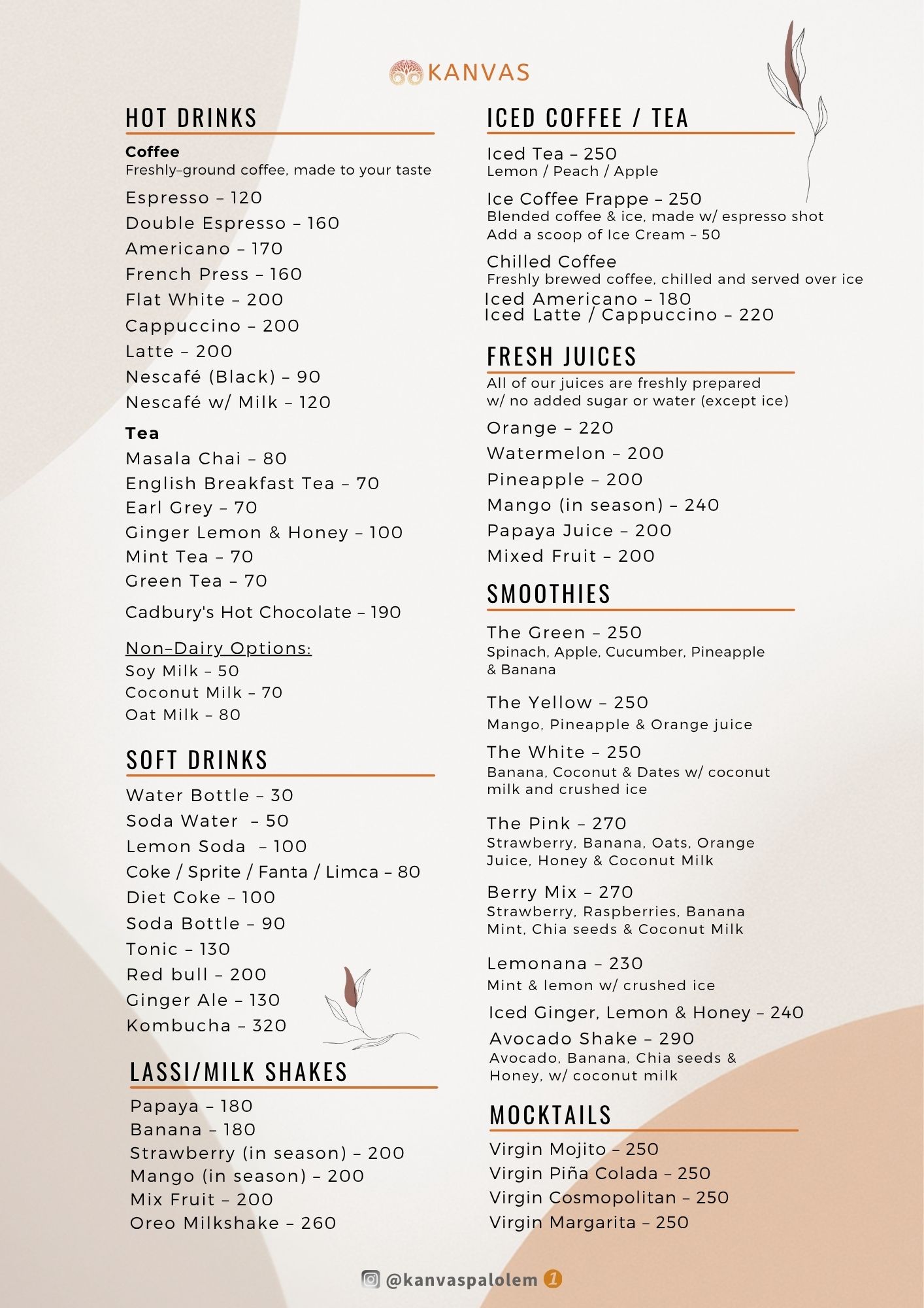 Kanvas Palolem Menu Page 1 - Specialty Coffee, Fresh Juices, Smoothies, Lassi and Mocktails
