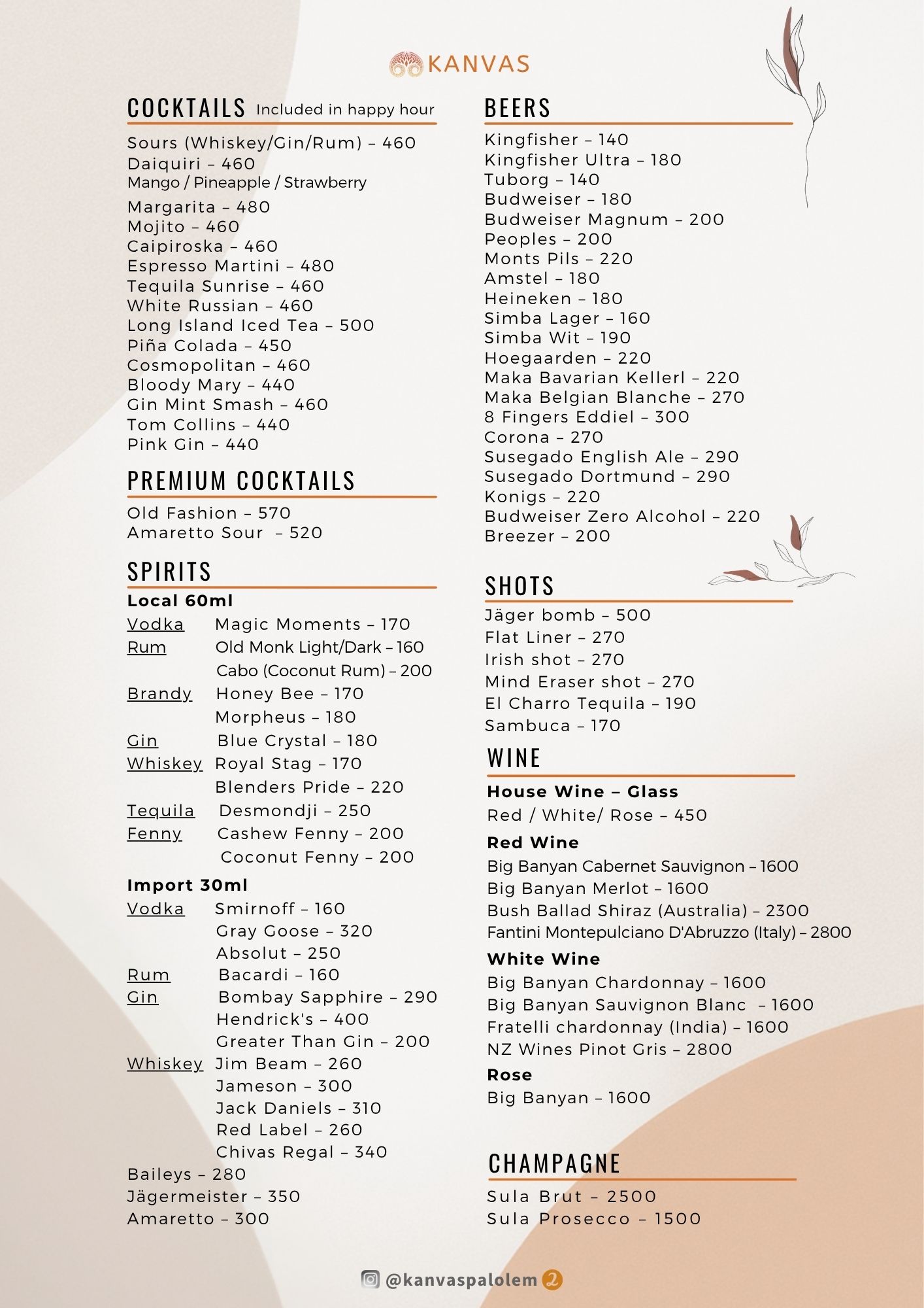 Kanvas Palolem Menu Page 2 - Happy Hour Cocktails, Craft Beers, Spirits, Shots and Wine