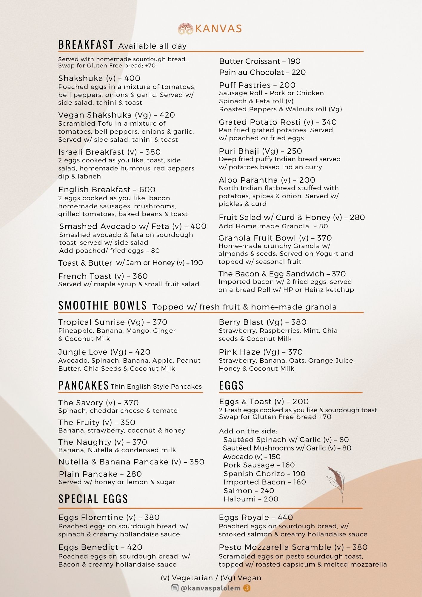 Kanvas Palolem Menu Page 3 - All-Day Breakfast, Shakshuka, Full English, Smoothie Bowls, Pancakes and Eggs Royale
