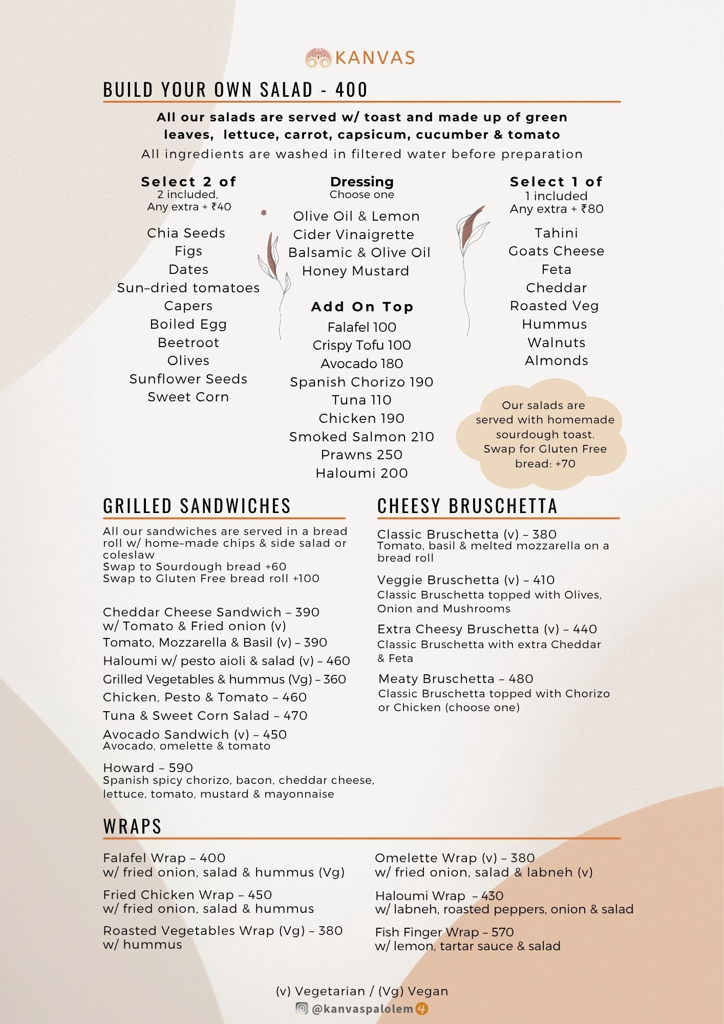 Kanvas Palolem Menu Page 4 - Build Your Own Salad, Sourdough Sandwiches, Cheesy Bruschetta and Wraps