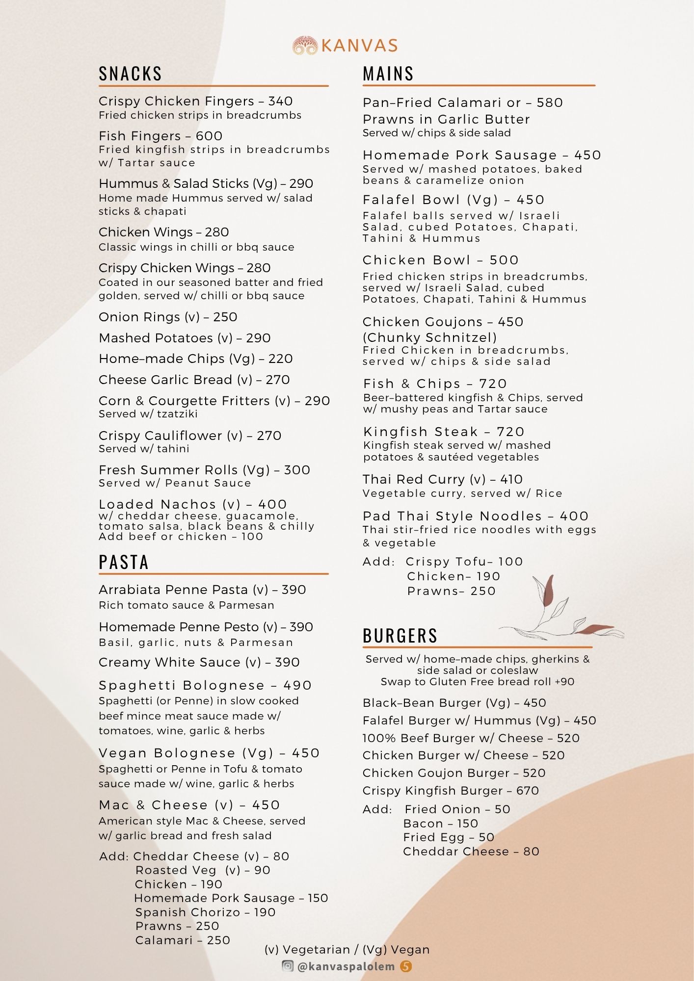 Kanvas Palolem Menu Page 5 - Snacks, Pasta, Falafel & Chicken Bowls, Pad Thai and Gourmet Burgers