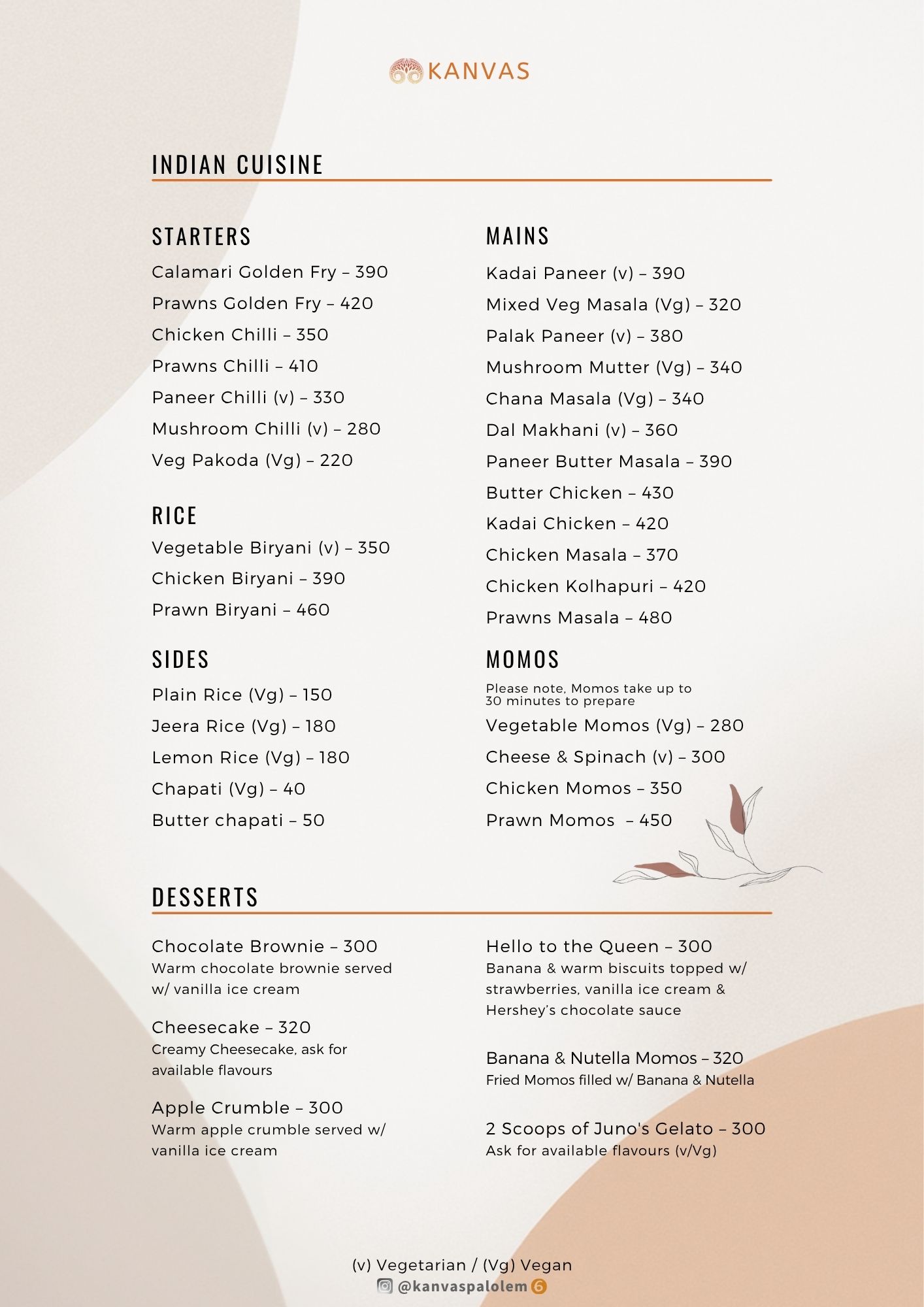 Kanvas Palolem Menu Page 6 - Indian Curries, Biryani, Handmade Momos, Brownie, Cheesecake and Juno's Gelato