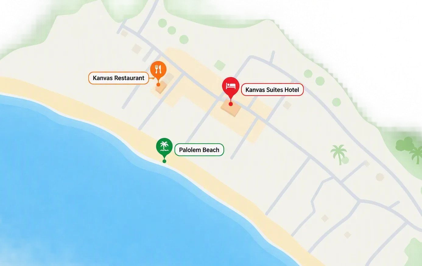 Map showing Kanvas Restaurant, Kanvas Suites Hotel, and Palolem Beach in South Goa