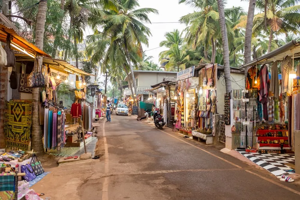 Colorful shops and stalls along Palolem Market and Palolem Beach Road in South Goa